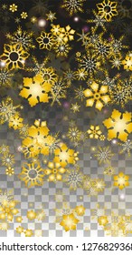 Christmas  Vector Background with Gold Falling Snowflakes Isolated on Transparent Background. Magic Snow Sparkle Pattern. Snowfall Overlay Print. Winter Sky. Design for  Poster.