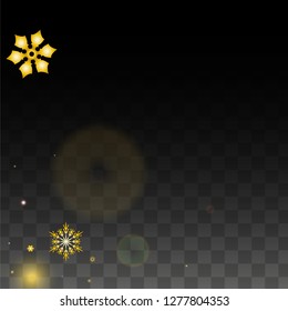 Christmas  Vector Background with Gold Falling Snowflakes Isolated on Transparent Background. Miracle Snow Sparkle Pattern. Snowfall Overlay Print. Winter Sky. Design for  Party Invitation.