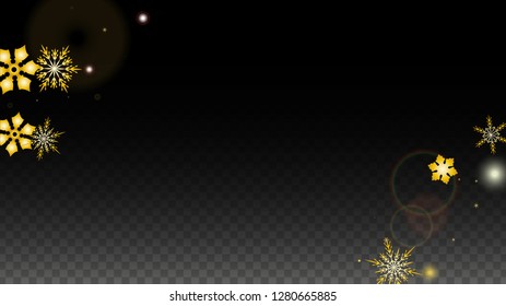 Christmas  Vector Background with Gold Falling Snowflakes Isolated on Transparent Background. Realistic Snow Sparkle Pattern. Snowfall Overlay Print. Winter Sky. Design for  Party Invitation.