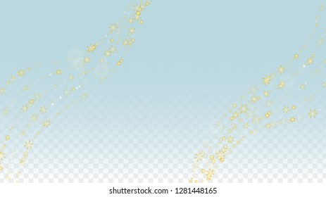 Christmas  Vector Background with Gold Falling Snowflakes Isolated on Transparent Background. Magic Snow Sparkle Pattern. Snowfall Overlay Print. Winter Sky. Design for  Christmas Sale.