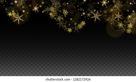 Christmas  Vector Background with Gold Falling Snowflakes Isolated on Transparent Background. Realistic Snow Sparkle Pattern. Snowfall Overlay Print. Winter Sky. Design for  Poster.