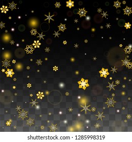 Christmas  Vector Background with Gold Falling Snowflakes Isolated on Transparent Background. Elegance Snow Sparkle Pattern. Snowfall Overlay Print. Winter Sky. Design for  Party Invitation.
