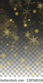 Christmas  Vector Background with Gold Falling Snowflakes Isolated on Transparent Background. Fantasy Snow Sparkle Pattern. Snowfall Overlay Print. Winter Sky. Design for  Poster.
