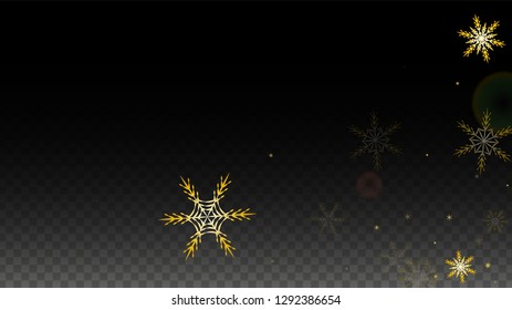 Christmas  Vector Background with Gold Falling Snowflakes Isolated on Transparent Background. Fantasy Snow Sparkle Pattern. Snowfall Overlay Print. Winter Sky. Design for  Poster.