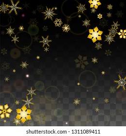 Christmas  Vector Background with Gold Falling Snowflakes Isolated on Transparent Background. Magic Snow Sparkle Pattern. Snowfall Overlay Print. Winter Sky. Design for  Banner.