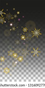 Christmas  Vector Background with Gold Falling Snowflakes Isolated on Transparent Background. Fantasy Snow Sparkle Pattern. Snowfall Overlay Print. Winter Sky. Design for  Party Invitation.