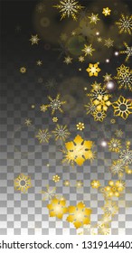 Christmas  Vector Background with Gold Falling Snowflakes Isolated on Transparent Background. Fantasy Snow Sparkle Pattern. Snowfall Overlay Print. Winter Sky. Design for  Poster.