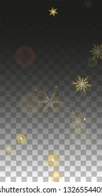 Christmas  Vector Background with Gold Falling Snowflakes Isolated on Transparent Background. Festival Snow Sparkle Pattern. Snowfall Overlay Print. Winter Sky. Design for  Party Invitation.