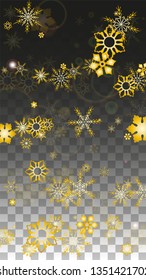 Christmas  Vector Background with Gold Falling Snowflakes Isolated on Transparent Background. Festival Snow Sparkle Pattern. Snowfall Overlay Print. Winter Sky. Design for  Christmas Sale.