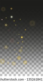 Christmas  Vector Background with Gold Falling Snowflakes Isolated on Transparent Background. Luxury Snow Sparkle Pattern. Snowfall Overlay Print. Winter Sky. Design for  Poster.