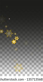 Christmas  Vector Background with Gold Falling Snowflakes Isolated on Transparent Background. Fantasy Snow Sparkle Pattern. Snowfall Overlay Print. Winter Sky. Design for  Poster.