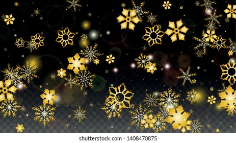 Christmas  Vector Background with Gold Falling Snowflakes Isolated on Transparent Background. Elegance Snow Sparkle Pattern. Snowfall Overlay Print. Winter Sky. Design for  Christmas Sale.