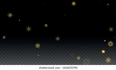 Christmas  Vector Background with Gold Falling Snowflakes Isolated on Transparent Background. Fantasy Snow Sparkle Pattern. Snowfall Overlay Print. Winter Sky. Design for  Banner.