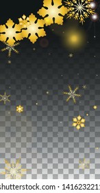 Christmas  Vector Background with Gold Falling Snowflakes Isolated on Transparent Background. Glitter Snow Sparkle Pattern. Snowfall Overlay Print. Winter Sky. Design for  Poster.