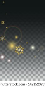 Christmas  Vector Background with Gold Falling Snowflakes Isolated on Transparent Background. Realistic Snow Sparkle Pattern. Snowfall Overlay Print. Winter Sky. Design for  Poster.