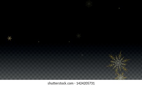 Christmas  Vector Background with Gold Falling Snowflakes Isolated on Transparent Background. Glitter Snow Sparkle Pattern. Snowfall Overlay Print. Winter Sky. Design for  Poster.