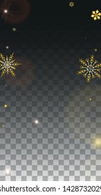 Christmas  Vector Background with Gold Falling Snowflakes Isolated on Transparent Background. Elegance Snow Sparkle Pattern. Snowfall Overlay Print. Winter Sky. Design for  Party Invitation.