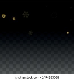 Christmas  Vector Background with Gold Falling Snowflakes Isolated on Transparent Background. Realistic Snow Sparkle Pattern. Snowfall Overlay Print. Winter Sky. Design for  Party Invitation.