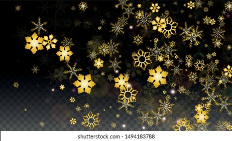 Christmas  Vector Background with Gold Falling Snowflakes Isolated on Transparent Background. Fantasy Snow Sparkle Pattern. Snowfall Overlay Print. Winter Sky. Design for  Party Invitation.