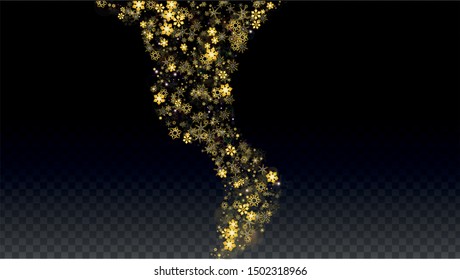 Christmas  Vector Background with Gold Falling Snowflakes Isolated on Transparent Background. Luxury Snow Sparkle Pattern. Snowfall Overlay Print. Winter Sky. Design for  Christmas Sale.