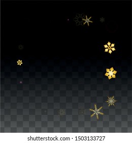 Christmas  Vector Background with Gold Falling Snowflakes Isolated on Transparent Background. Miracle Snow Sparkle Pattern. Snowfall Overlay Print. Winter Sky. Design for  Poster.