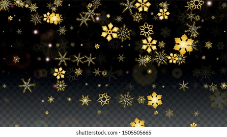 Christmas  Vector Background with Gold Falling Snowflakes Isolated on Transparent Background. Realistic Snow Sparkle Pattern. Snowfall Overlay Print. Winter Sky. Design for  Christmas Sale.