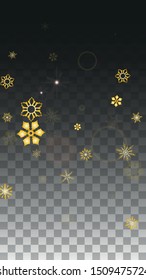 Christmas  Vector Background with Gold Falling Snowflakes Isolated on Transparent Background. Festival Snow Sparkle Pattern. Snowfall Overlay Print. Winter Sky. Design for  Christmas Sale.