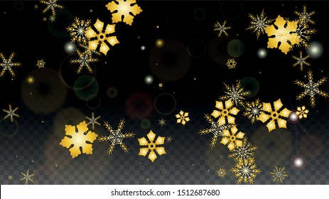 Christmas  Vector Background with Gold Falling Snowflakes Isolated on Transparent Background. Elegance Snow Sparkle Pattern. Snowfall Overlay Print. Winter Sky. Design for  Christmas Sale.