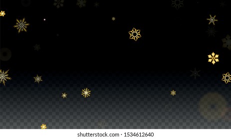 Christmas  Vector Background with Gold Falling Snowflakes Isolated on Transparent Background. Luxury Snow Sparkle Pattern. Snowfall Overlay Print. Winter Sky. Design for  Banner.