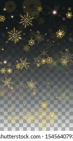 Christmas  Vector Background with Gold Falling Snowflakes Isolated on Transparent Background. Magic Snow Sparkle Pattern. Snowfall Overlay Print. Winter Sky. Design for  Banner.