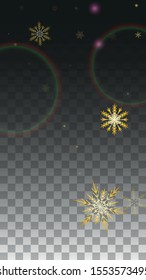 Christmas  Vector Background with Gold Falling Snowflakes Isolated on Transparent Background. Miracle Snow Sparkle Pattern. Snowfall Overlay Print. Winter Sky. Design for  Banner.