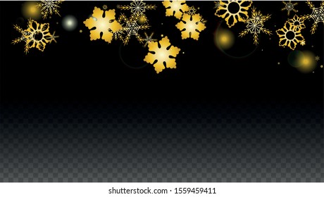 Christmas  Vector Background with Gold Falling Snowflakes Isolated on Transparent Background. Elegance Snow Sparkle Pattern. Snowfall Overlay Print. Winter Sky. Design for  Banner.