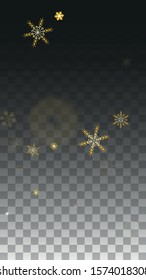 Christmas  Vector Background with Gold Falling Snowflakes Isolated on Transparent Background. Magic Snow Sparkle Pattern. Snowfall Overlay Print. Winter Sky. Design for  Banner.