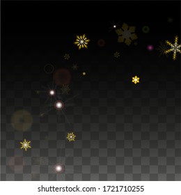 Christmas  Vector Background with Gold Falling Snowflakes Isolated on Transparent Background. Magic Snow Sparkle Pattern. Snowfall Overlay Print. Winter Sky. Design for  Party Invitation.