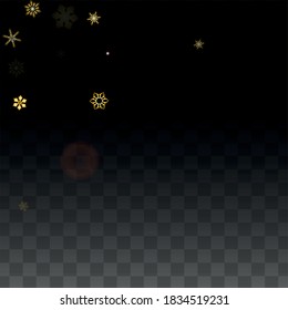 Christmas  Vector Background with Gold Falling Snowflakes Isolated on Transparent Background. Luxury Snow Sparkle Pattern. Snowfall Overlay Print. Winter Sky. Design for  Party Invitation.
