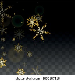 Fondo vectorial de Navidad con copos de nieve que caen en oro aislados en fondo transparente. Patrón elegante de espuma de nieve. Impresión superpuesta de nieve. Cielo invernal. Diseño de la pancarta.