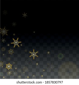 Christmas  Vector Background with Gold Falling Snowflakes Isolated on Transparent Background. Magic Snow Sparkle Pattern. Snowfall Overlay Print. Winter Sky. Design for  Christmas Sale.