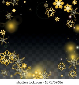 WeihnachtsVektorhintergrund mit Goldenen Fallenden Schneeflocken einzeln auf transparentem Hintergrund. Elegantes, schneeflaumiges Muster. Schneefall Overlay Print. Winter Sky. Design für den Weihnachtsverkauf.