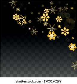 Christmas  Vector Background with Gold Falling Snowflakes Isolated on Transparent Background. Elegance Snow Sparkle Pattern. Snowfall Overlay Print. Winter Sky. Design for  Banner.
