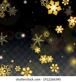 Fondo vectorial de Navidad con copos de nieve que caen en oro aislados en fondo transparente. Patrón de espuma de nieve brillante. Impresión superpuesta de nieve. Cielo invernal. Diseño de la pancarta.