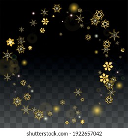 Christmas  Vector Background with Gold Falling Snowflakes Isolated on Transparent Background. Festival Snow Sparkle Pattern. Snowfall Overlay Print. Winter Sky. Design for  Banner.