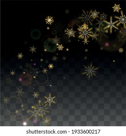 Fondo vectorial de Navidad con copos de nieve que caen en oro aislados en fondo transparente. Patrón de espuma de nieve del Festival. Impresión superpuesta de nieve. Cielo invernal. Diseño para la venta navideña.