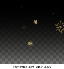 Christmas  Vector Background with Gold Falling Snowflakes Isolated on Transparent Background. Magic Snow Sparkle Pattern. Snowfall Overlay Print. Winter Sky. Design for  Banner.