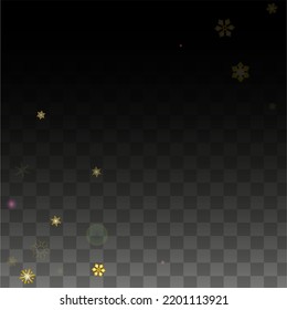 Fondo vectorial de Navidad con copos de nieve que caen en oro aislados en fondo transparente. Patrón de espuma de nieve brillante. Impresión superpuesta de nieve. Cielo invernal. Diseño para la venta navideña.