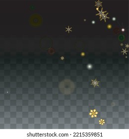 Christmas  Vector Background with Gold Falling Snowflakes Isolated on Transparent Background. Elegance Snow Sparkle Pattern. Snowfall Overlay Print. Winter Sky. Design for  Poster.