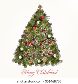 Christmas vector background with green engraved Xmas tree