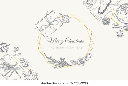Christmas vector background with hand drawn doodle gifts, candies, bumps and mulled wine. Greeting hand made quote "Merry Christmas" Happy New Year. Sketch. Banner,poster, flyer, brochure.