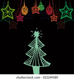 Christmas vector background. Hand drawn stars, bolls, new year toys. Card for your text.