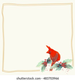 Christmas vector Background. Hand Drawn Watercolor Bird Illustration and Frame.