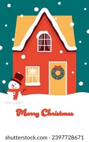 Christmas vector background with Christmas house and snowman in snow for banners, cards, flyers, social media wallpapers, etc.